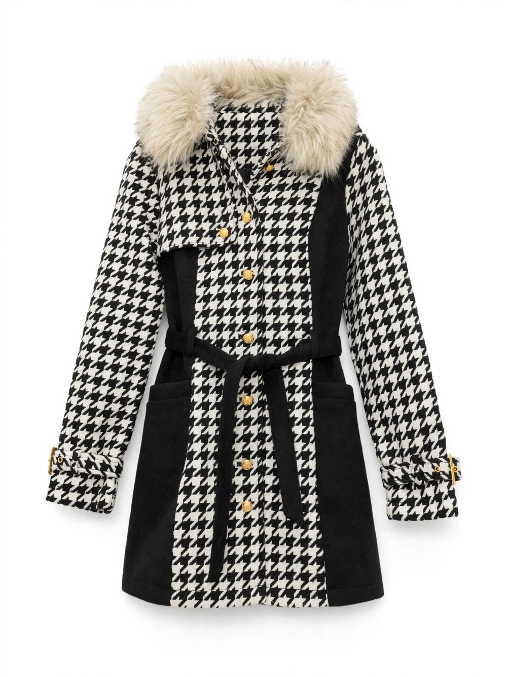 NWT SuperTrash Girls Olenka Coat Size 14 (164) Houndstooth Black White Faux Fur